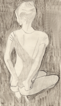 Mädchen auf der Wiese sitzend, Zeichnung von Roland Dreix