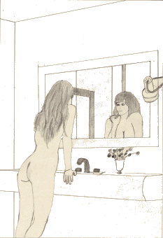 Frau im Spiegel, Zeichnung von Roland Dreix